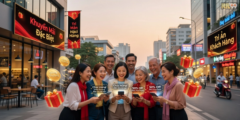 Minh họa chương trình khuyến mãi tri ân khách hàng RR99 với hình ảnh khách hàng nhận thưởng lớn