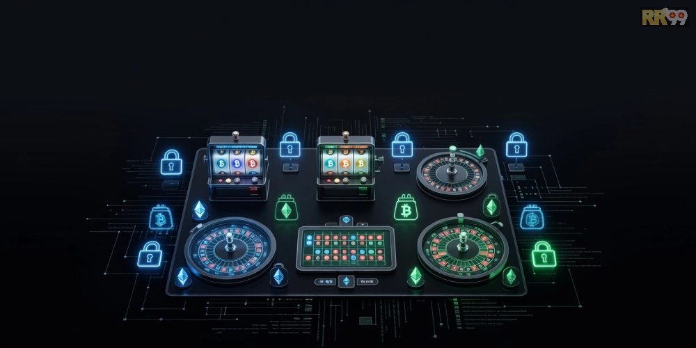 Minh họa khái niệm crypto casino rr99 với giao diện hiện đại và biểu tượng tiền điện tử