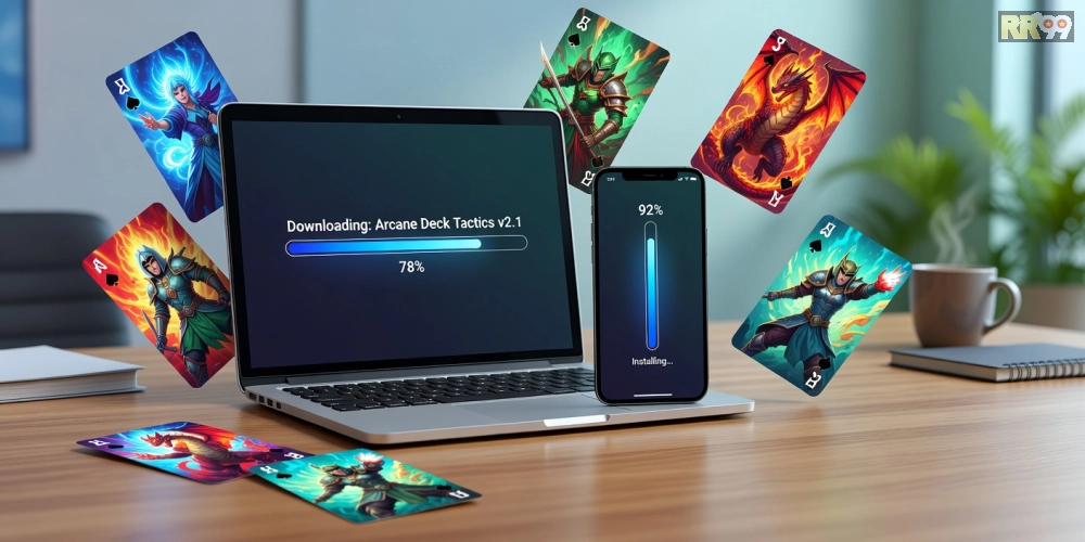 Hình ảnh tải game RR99 Vinagame với biểu tượng tải xuống và các trò chơi bài phổ biến