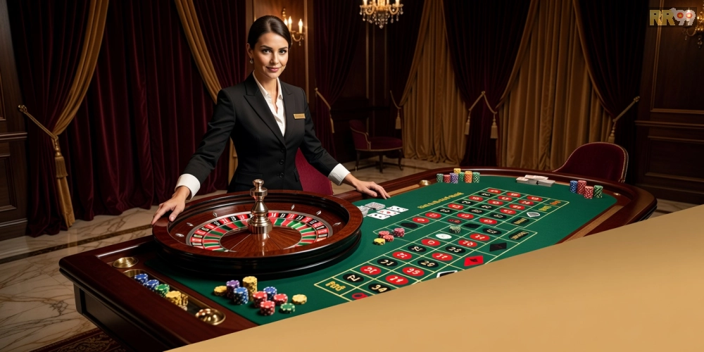 Dealer xinh đẹp đang quay roulette sống động trong live casino rr99